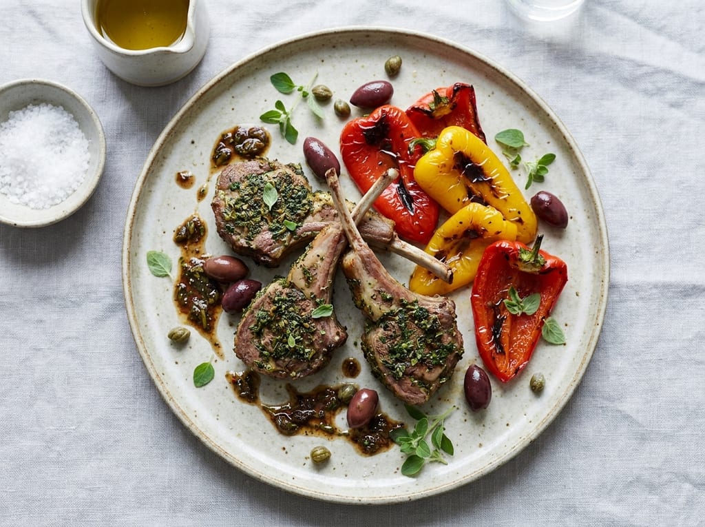 Herb-Crusted Lamb Chops with Roasted Bell Peppers and Olives