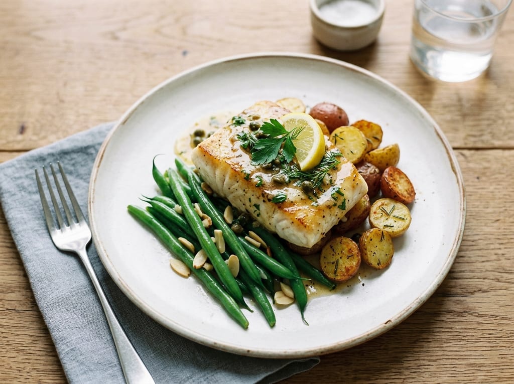 Pan-Seared Halibut with Lemon Butter and Green Beans