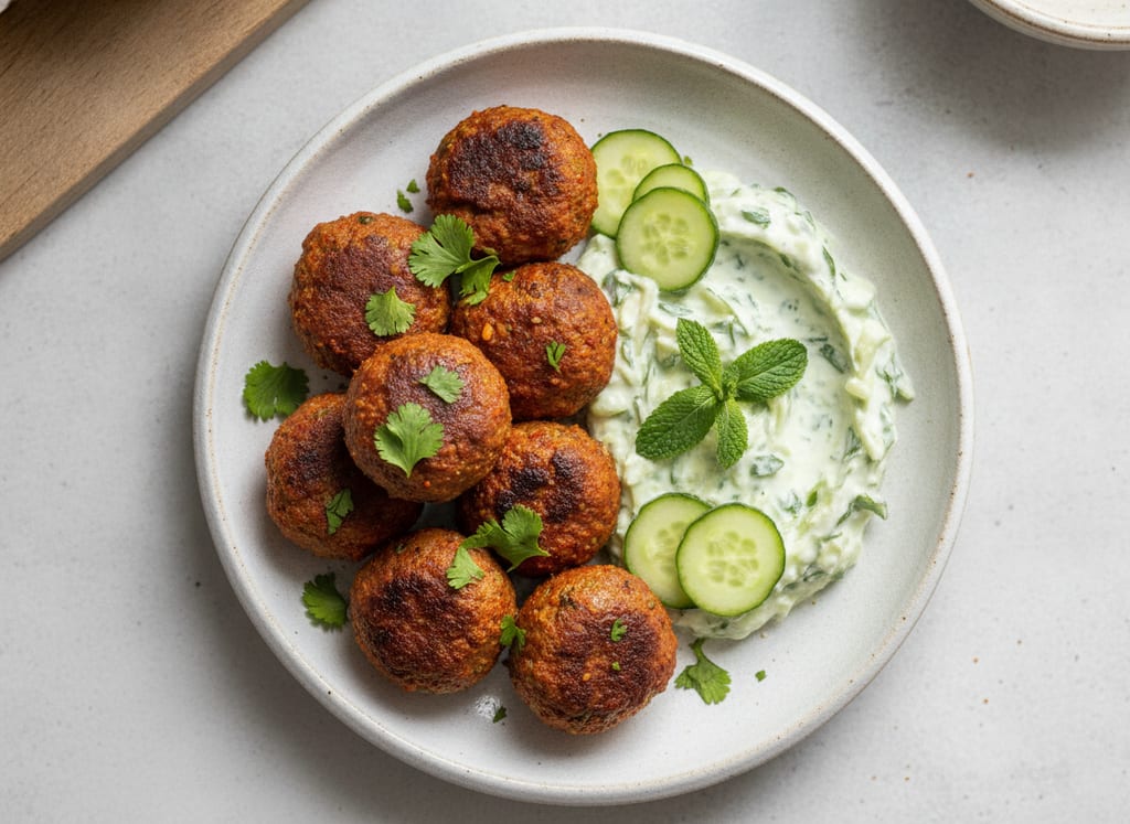 Indian Spiced Tandoori Lamb Meatballs with Cucumber Raita