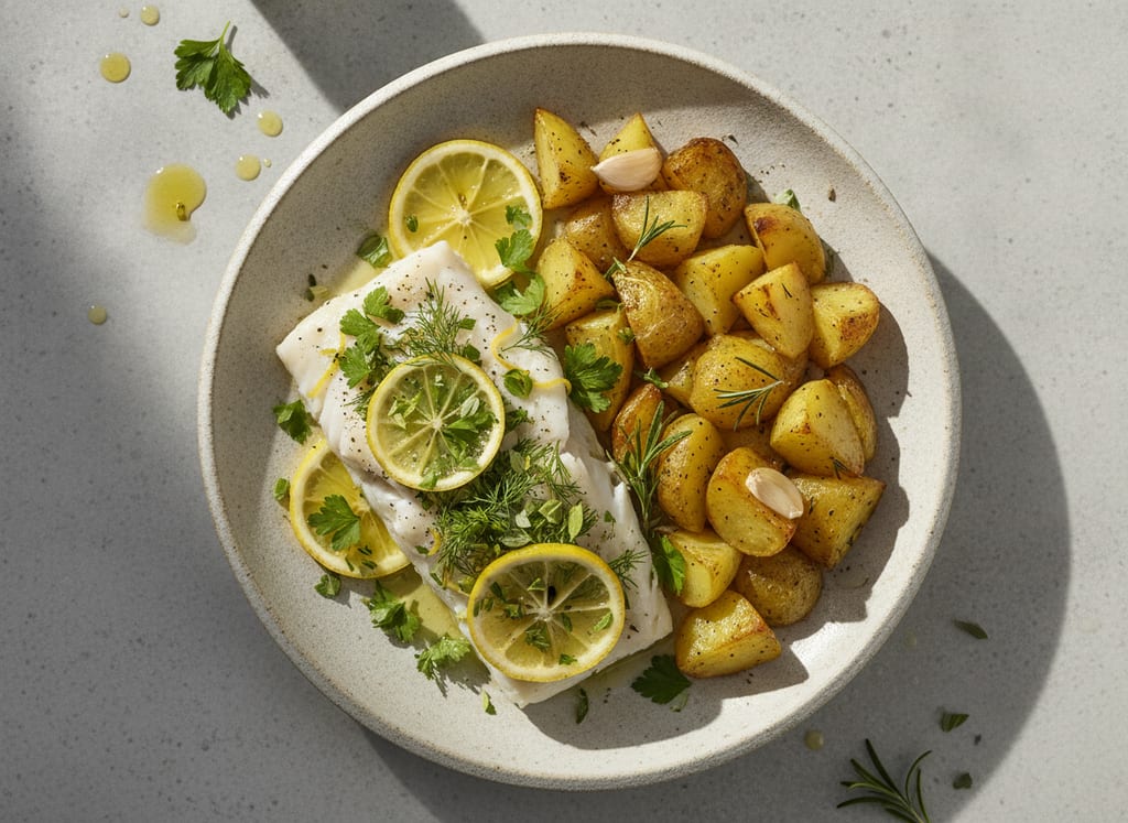 Baked Cod with Lemon Herbs and Roasted Potatoes