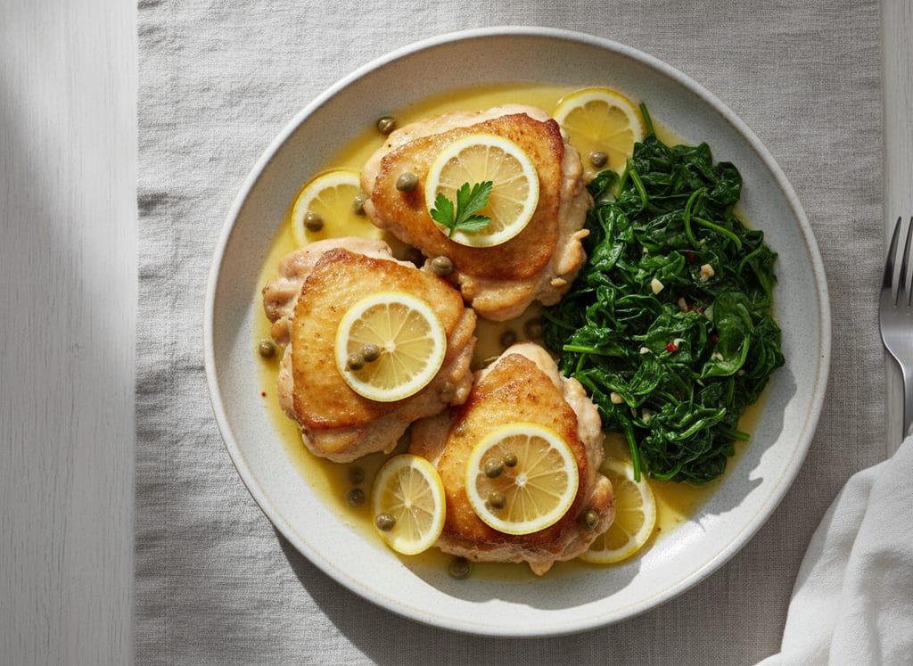 Chicken Thigh Piccata with Sautéed Spinach