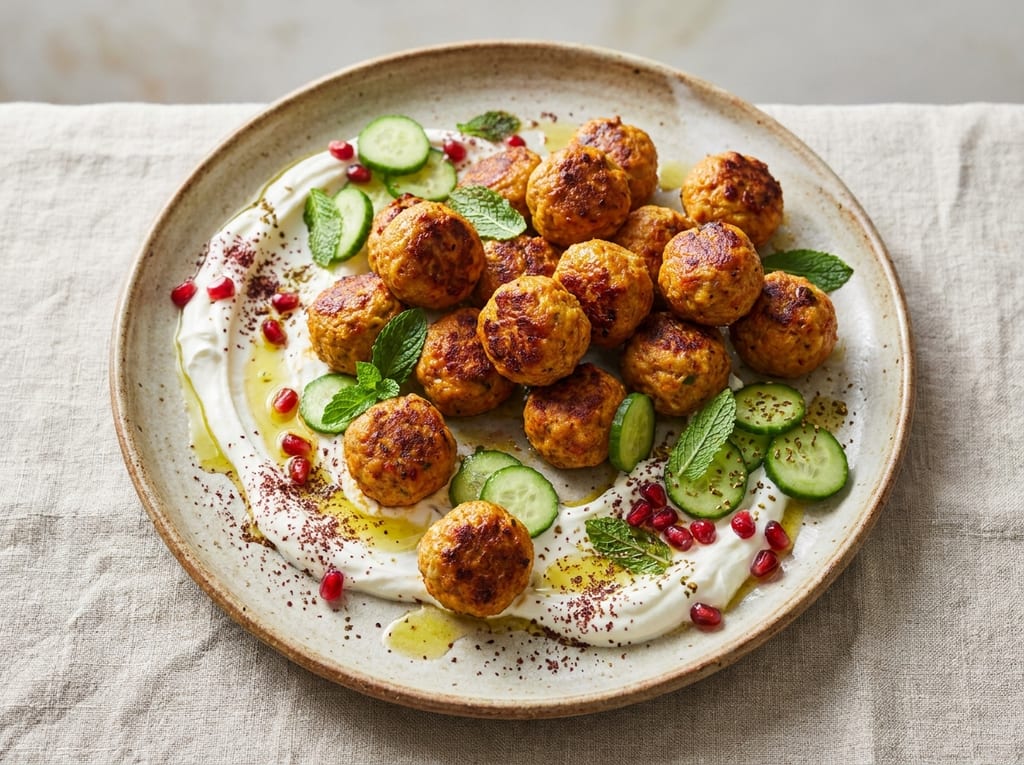 Harissa-Spiced Turkey Meatballs with Cucumber and Labneh Dip
