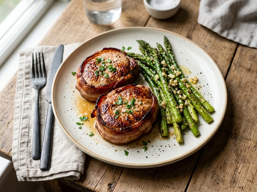 Bacon-Wrapped Pork Chops with Asparagus