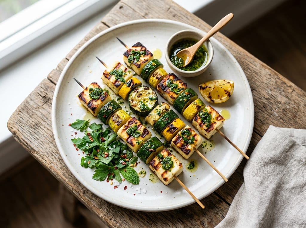 Grilled Halloumi and Zucchini Kebabs