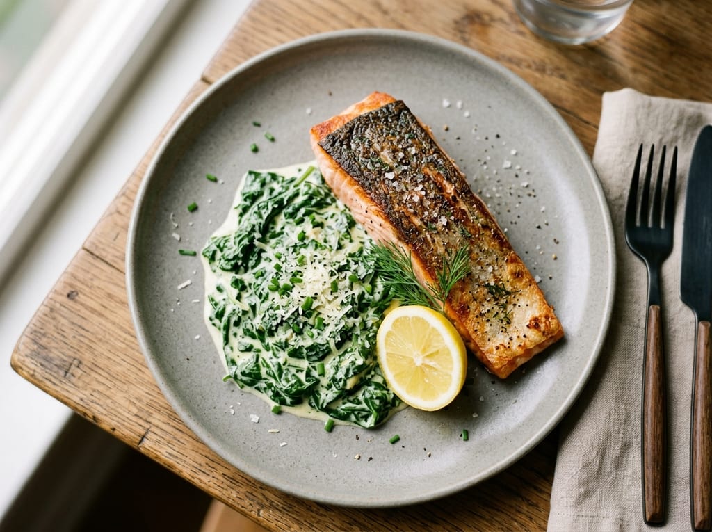 Seared Salmon with Creamed Spinach