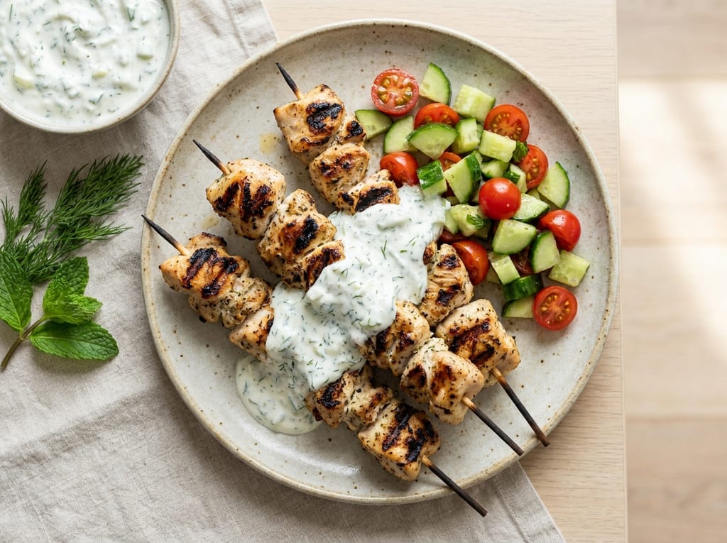 Grilled Chicken Souvlaki with Cucumber-Yogurt Sauce