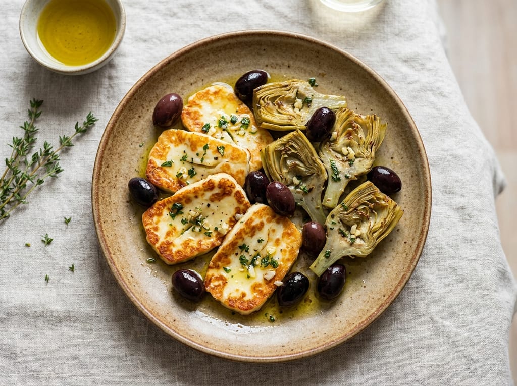 Baked Halloumi with Roasted Artichoke Hearts and Black Olives