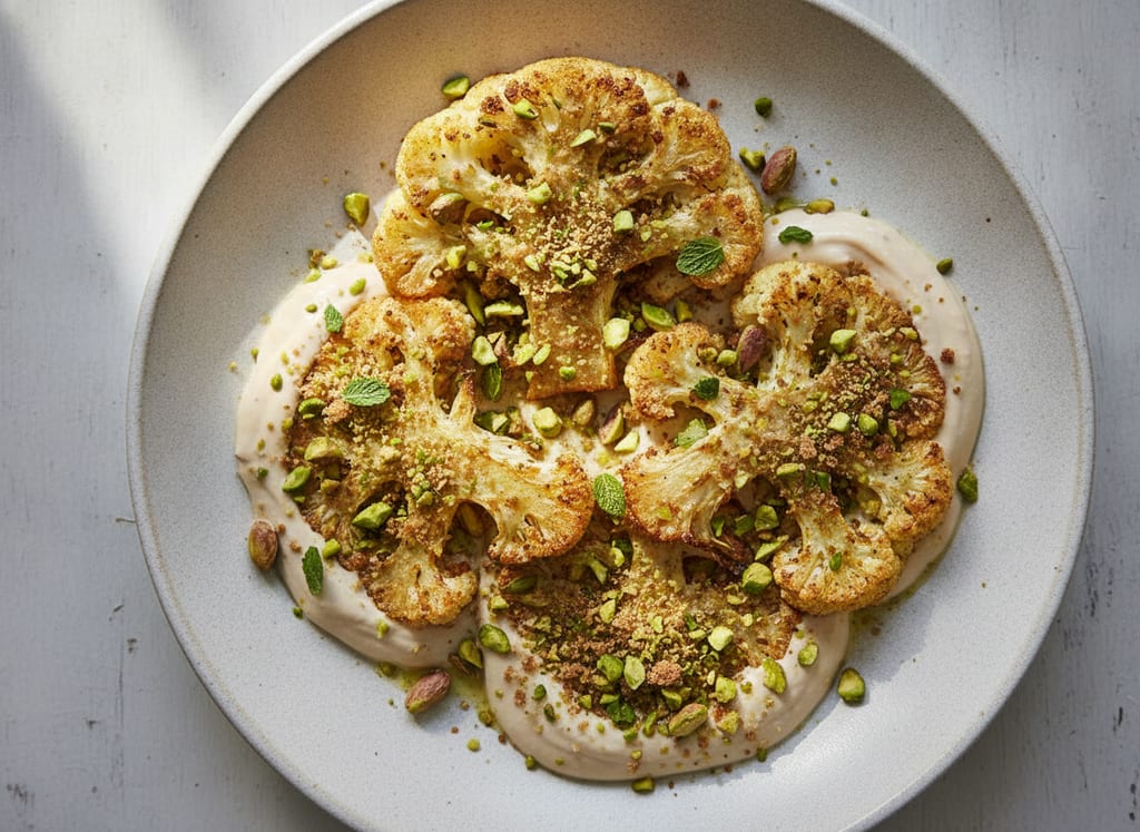 Roasted Cauliflower Steaks with Tahini-Yogurt Sauce and Pistachio Crumb