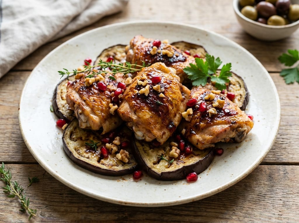 Roasted Chicken Thighs with Pomegranate Molasses, Walnuts, and Eggplant
