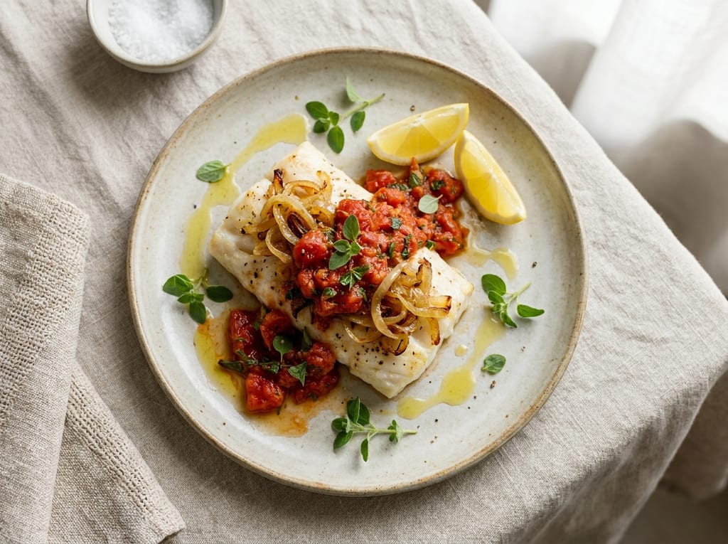 Baked White Fish with Tomato Compote and Caramelized Onions
