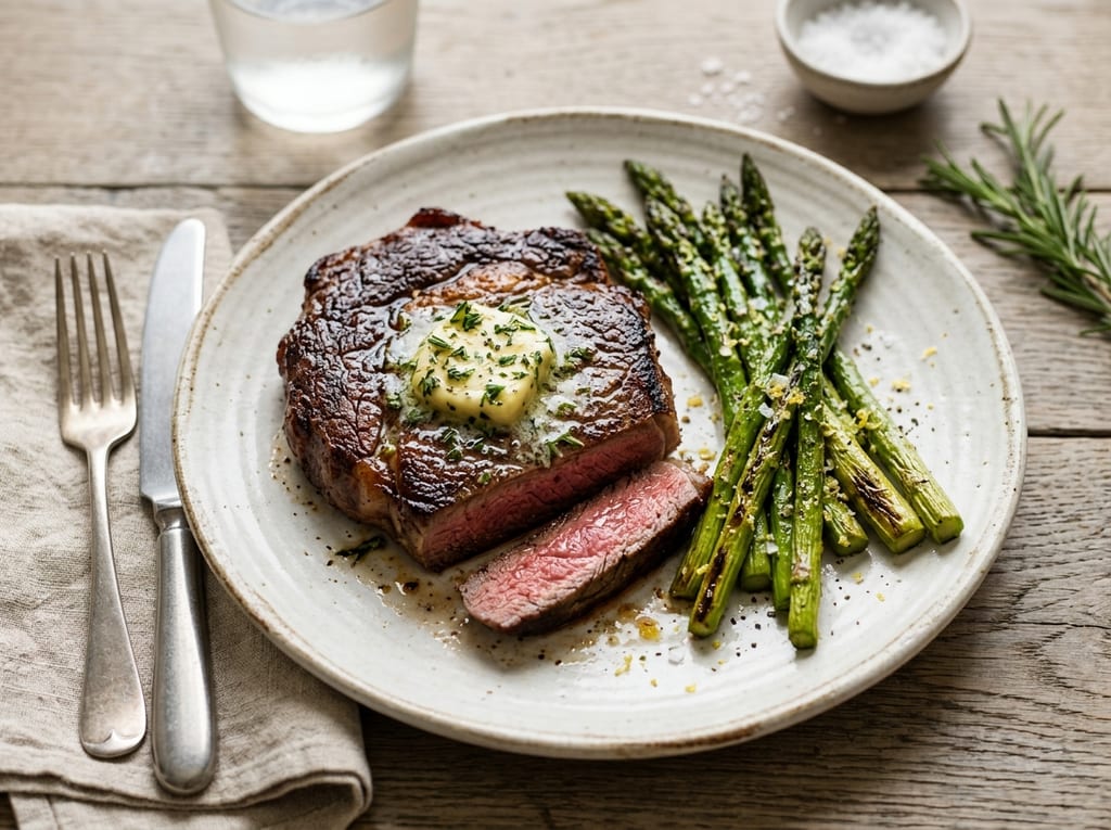 Keto Beef Steak with Garlic Butter and Roasted Asparagus