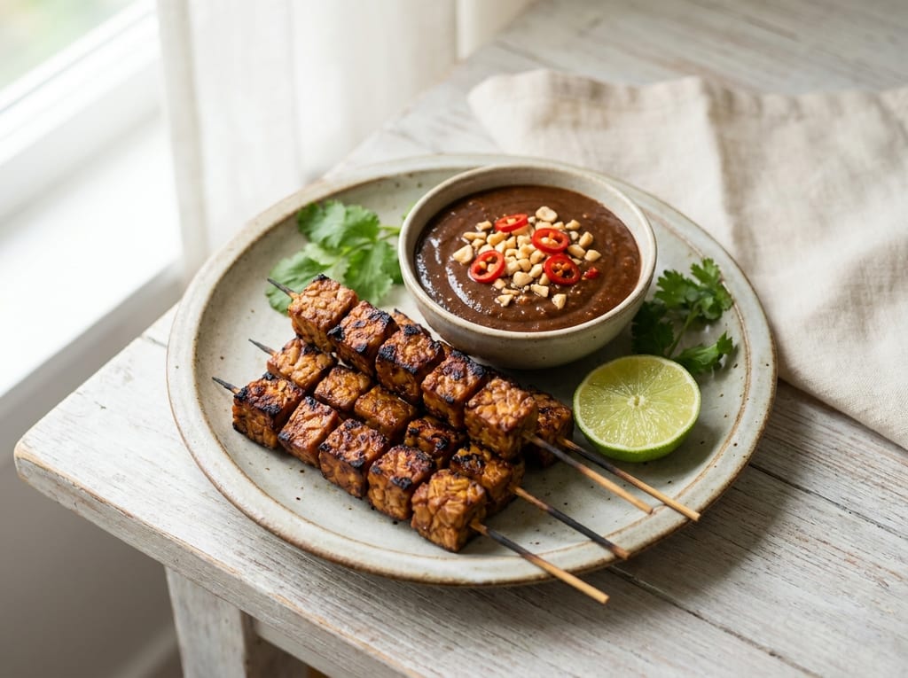 Indonesian Grilled Tempeh Satay with Peanut Sauce