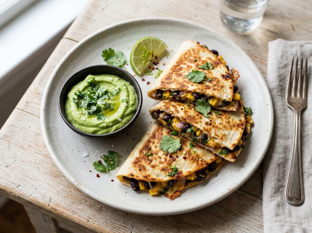 Black Bean and Corn Quesadillas with Avocado Crema
