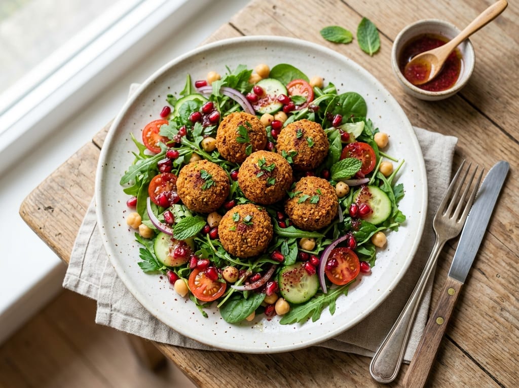 Falafel Salad with Pomegranate Dressing