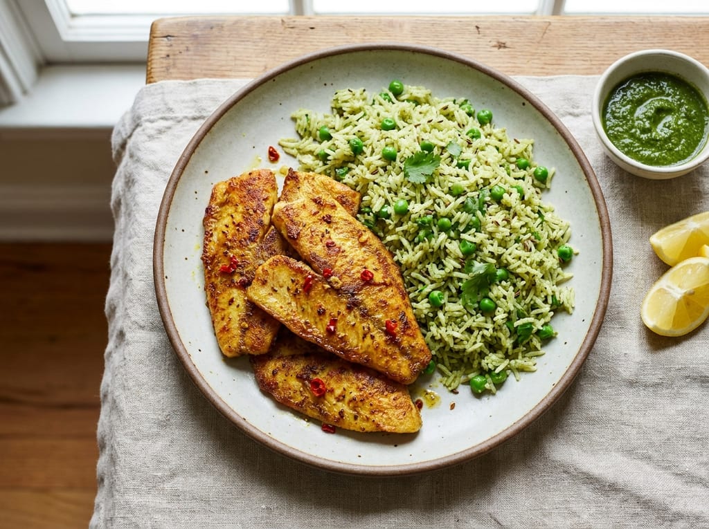 Fish Amritsari with Green Pea Pilaf
