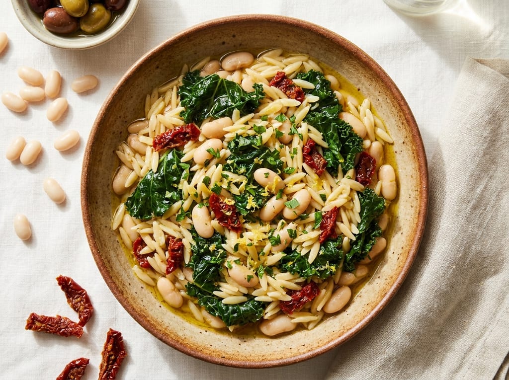 Orzo Pasta with White Beans, Kale, and Sun-Dried Tomatoes