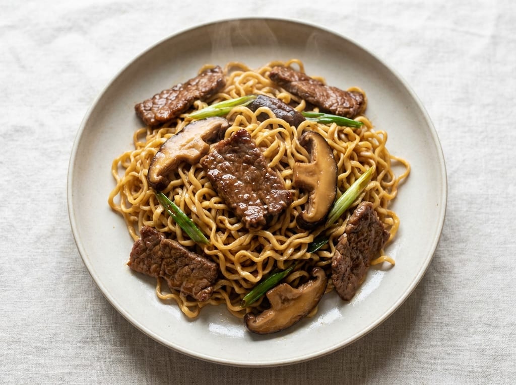 Hong Kong Style Beef Chow Mein with Mushrooms