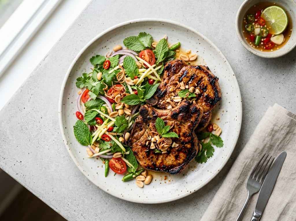 Grilled Lemongrass Pork Chops with Herb Salad