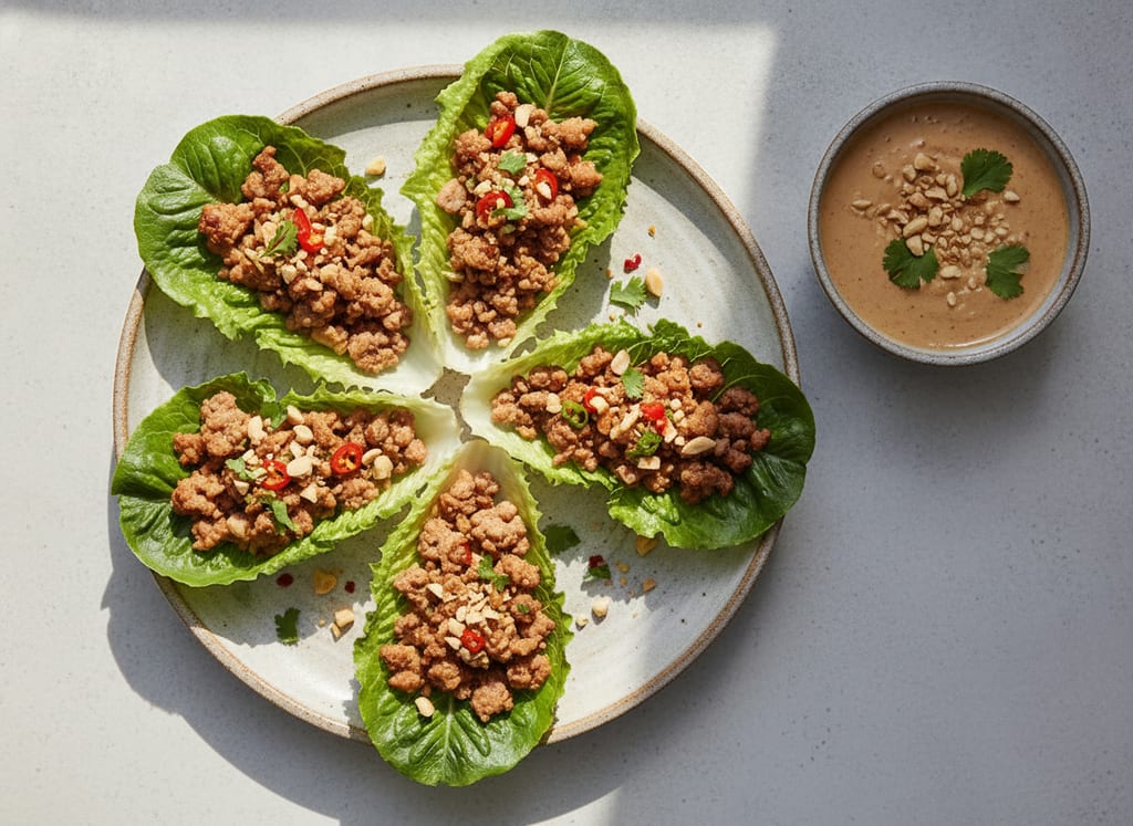 Spiced Pork Lettuce Wraps with Peanut Dipping Sauce