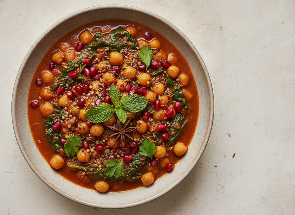 Spiced Chickpea and Spinach Stew with Pomegranate