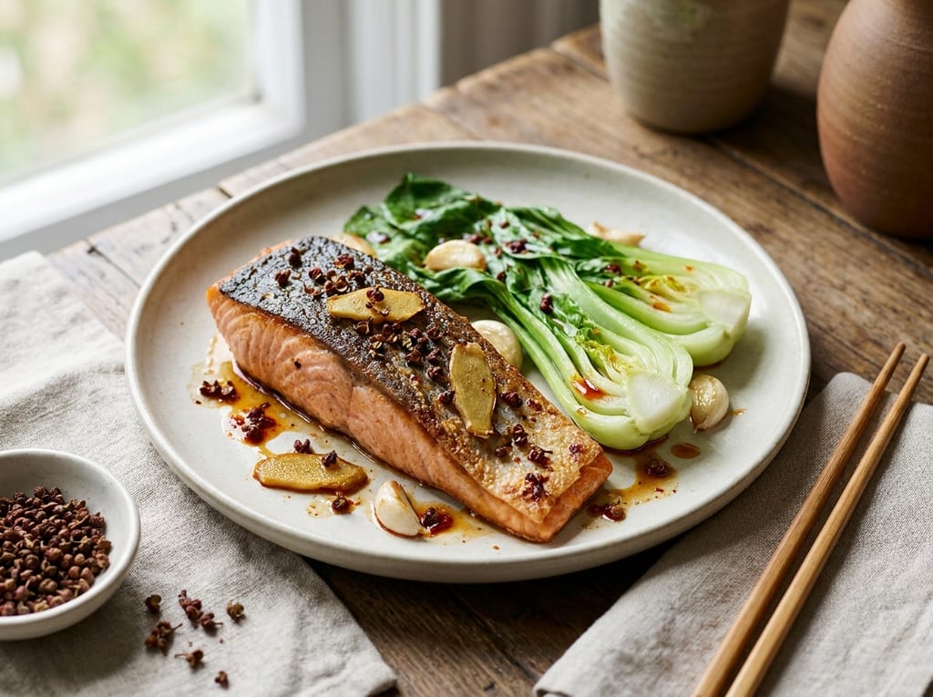 Chinese Sichuan Peppercorn Salmon with Bok Choy