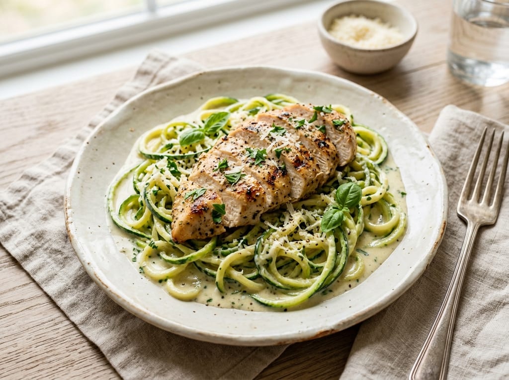 Zucchini Noodle Alfredo with Grilled Chicken