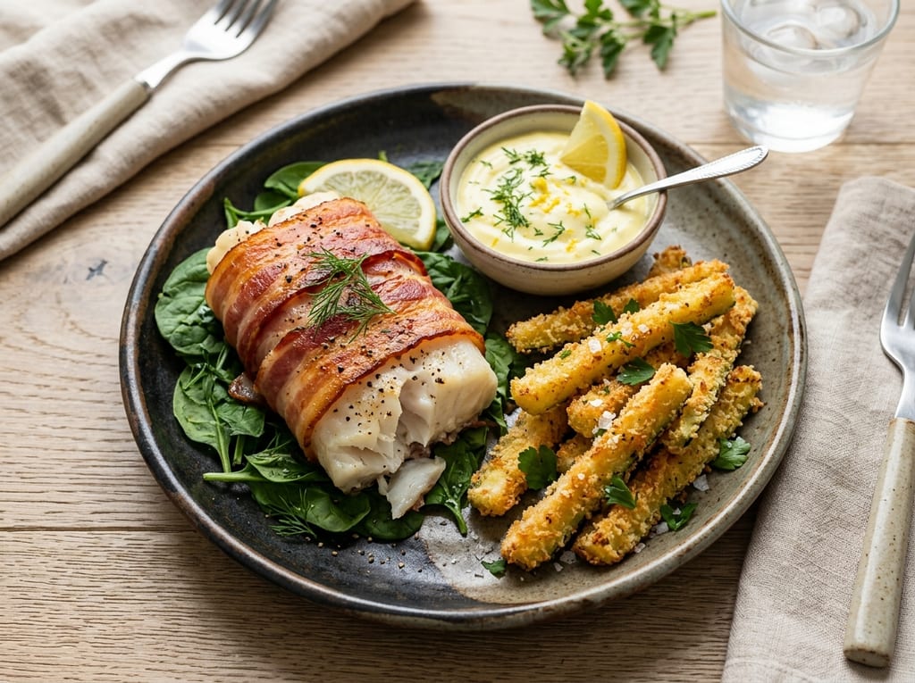 Bacon-Wrapped Cod with Lemon Aioli and Zucchini Fries