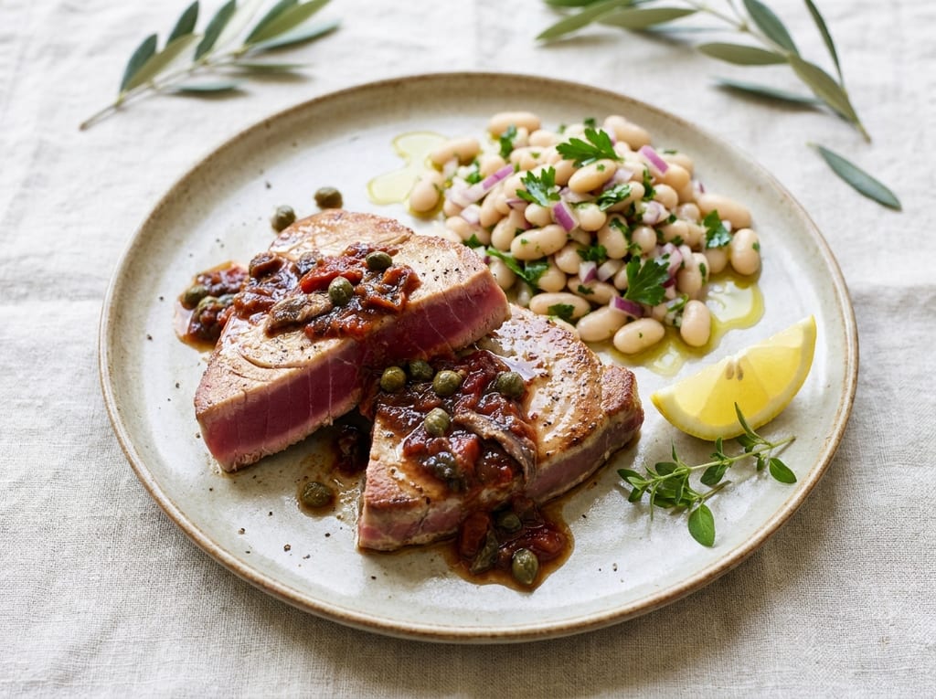 Seared Tuna Steaks with Tomato-Anchovy Sauce and White Bean Salad