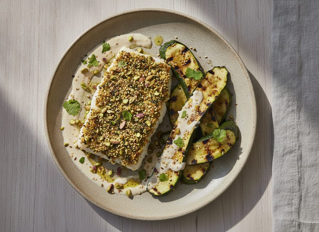 Herb-Crusted White Fish with Charred Zucchini and Tahini Drizzle