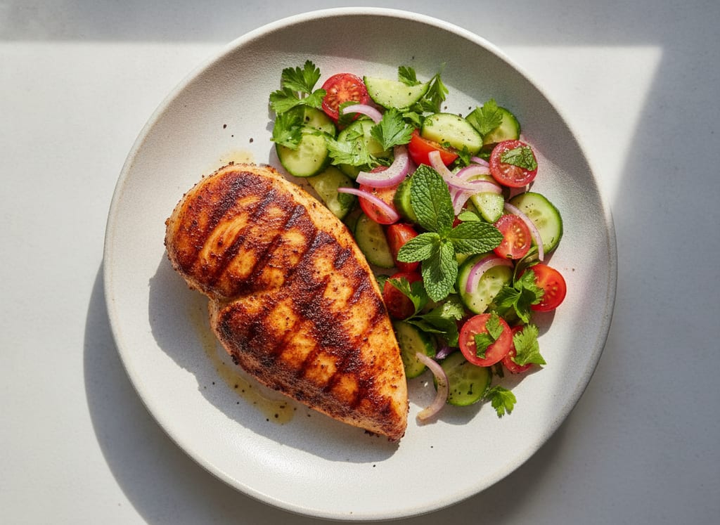 Sumac-Dusted Grilled Chicken Breast with Cucumber and Tomato Salad