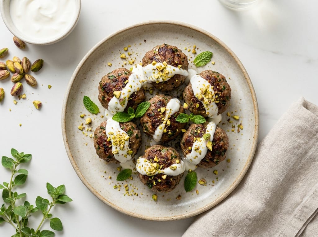 Herb-Marinated Lamb Meatballs with Yogurt Sauce and Pistachio Dust