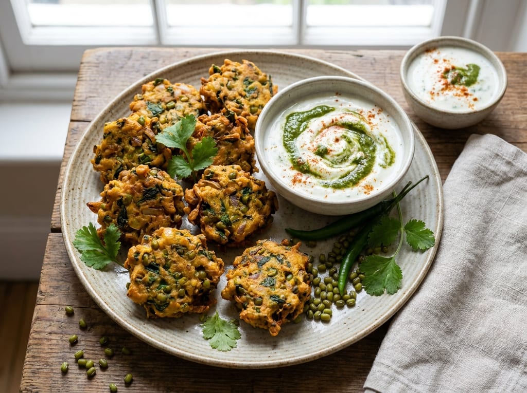 Moong Bean and Vegetable Fritters with Yogurt Dip