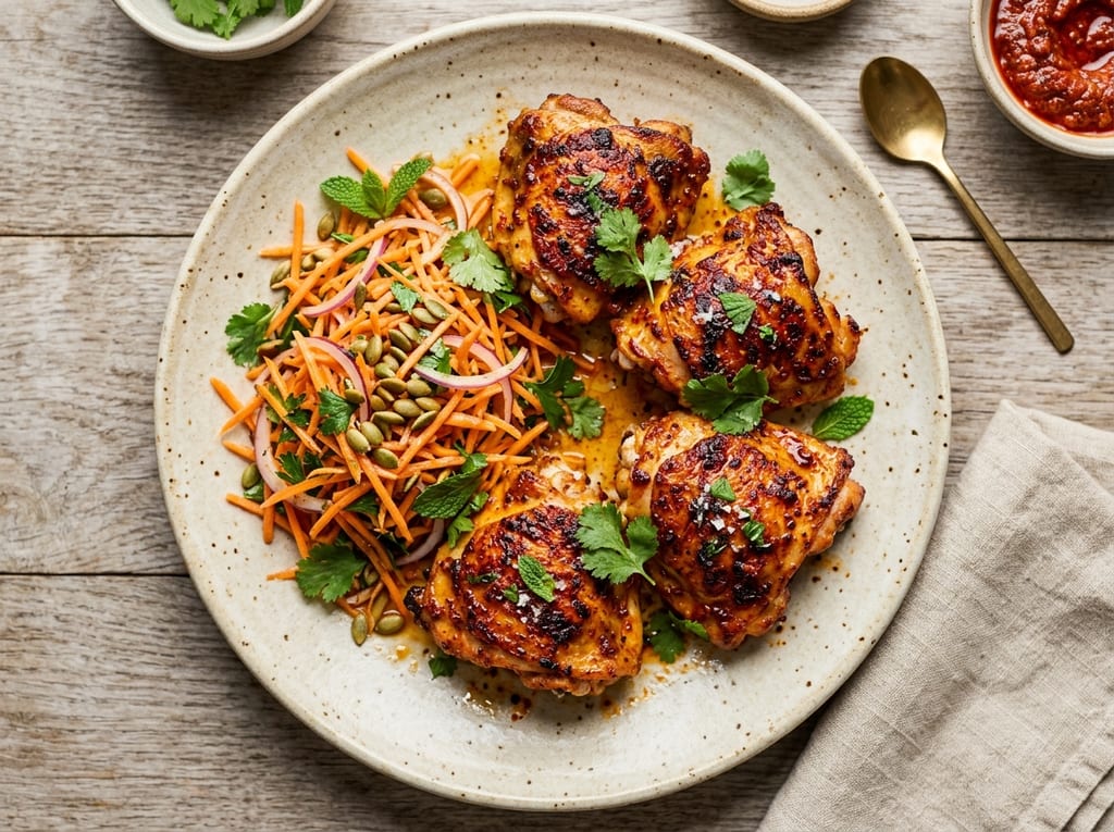 Harissa Roasted Chicken Thighs with Carrot Salad