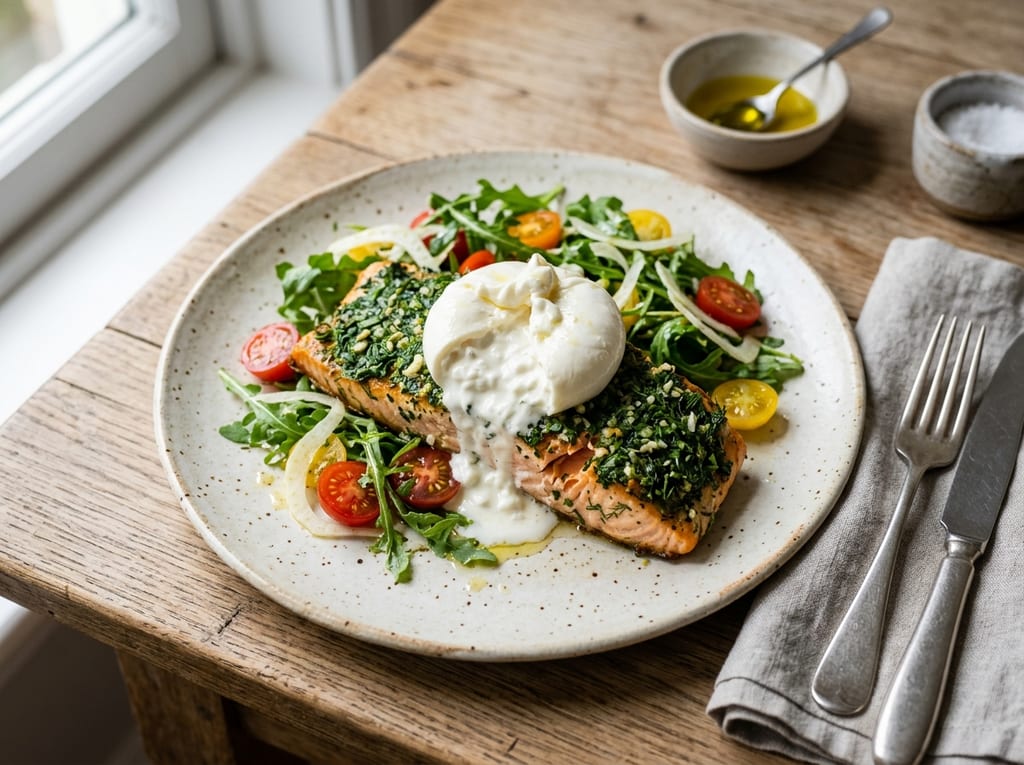 Salmone in Crosta di Herbs with Burrata