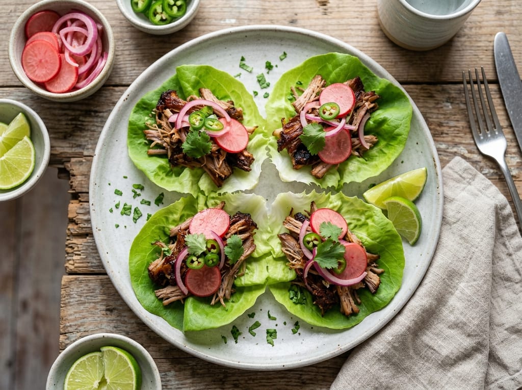 Carnitas Lettuce Tacos with Radish and Onion Pickle