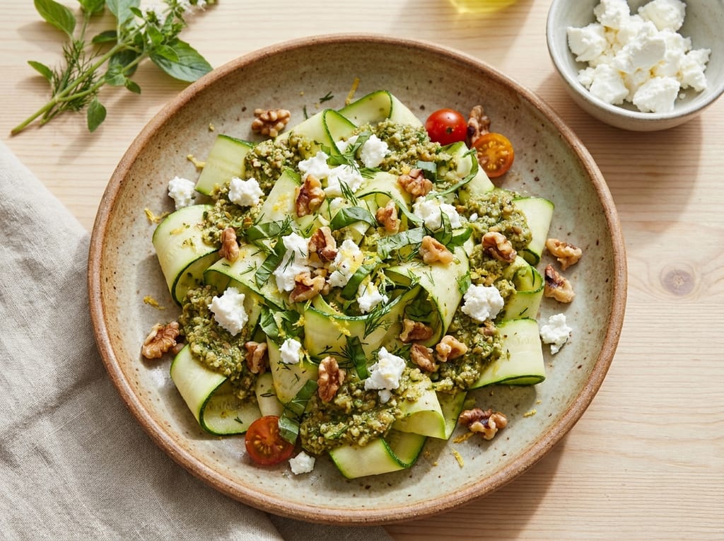 Zucchini Noodles with Walnut-Herb Pesto and Goat Cheese