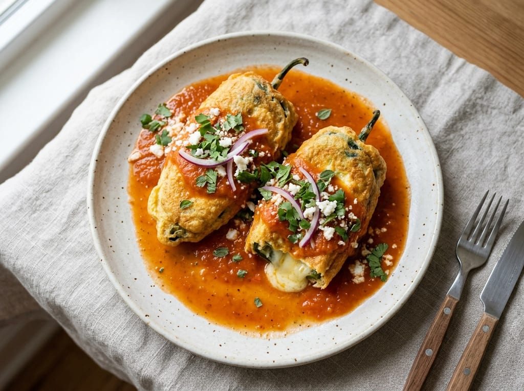 Chiles Rellenos with Cheese and Tomato Sauce