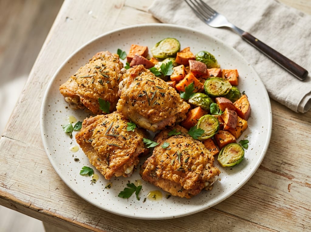 Crispy Fried Chicken Thighs with Herb-Roasted Root Vegetables