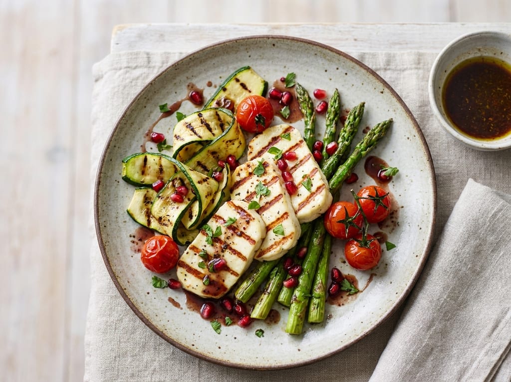 Grilled Halloumi and Charred Vegetable Plate with Pomegranate Vinaigrette