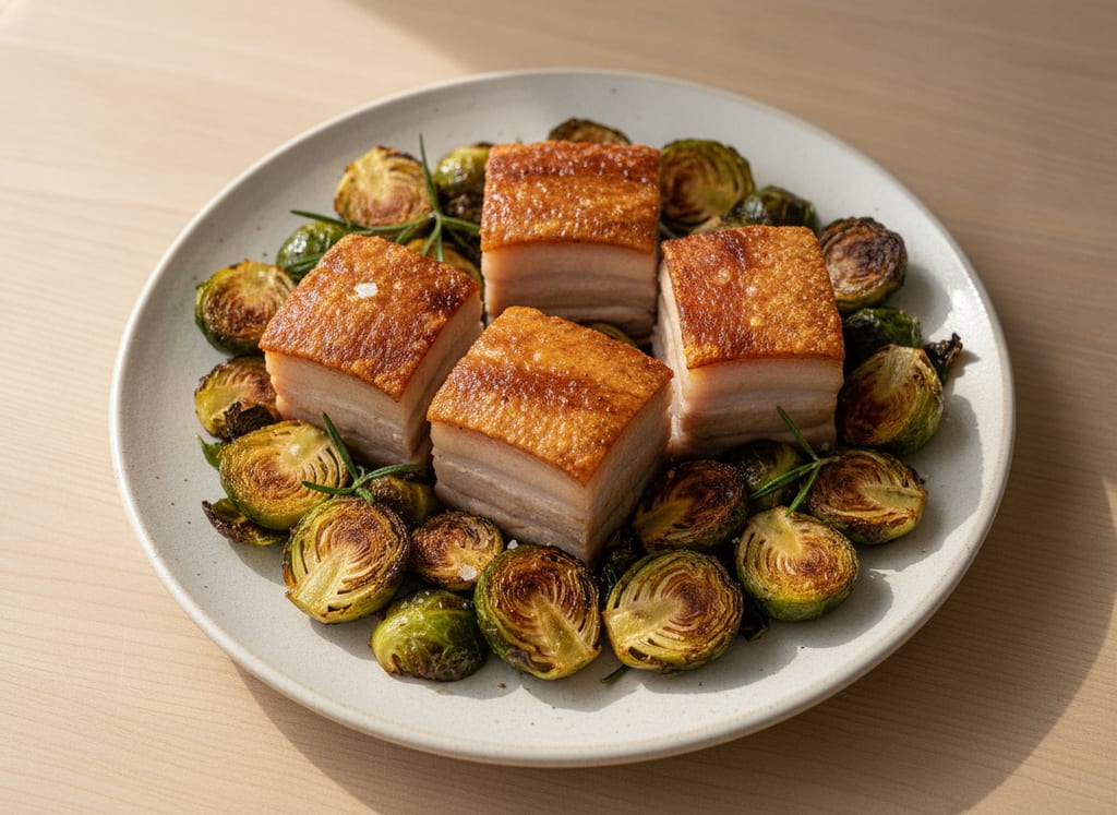 Crispy Pork Belly with Roasted Brussels Sprouts
