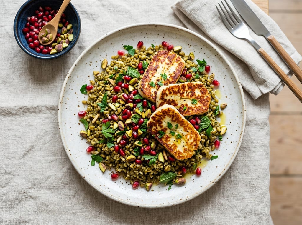 Freekeh with Grilled Halloumi and Pomegranate