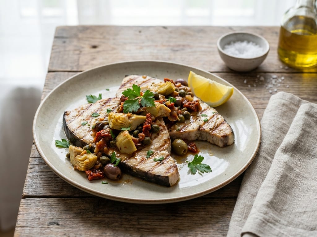 Grilled Swordfish with Artichoke and Caper Ragù