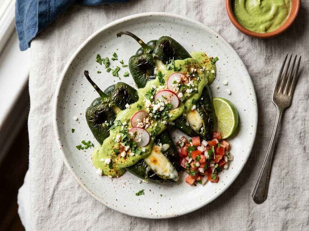 Chiles Rellenos de Queso with Avocado Crema
