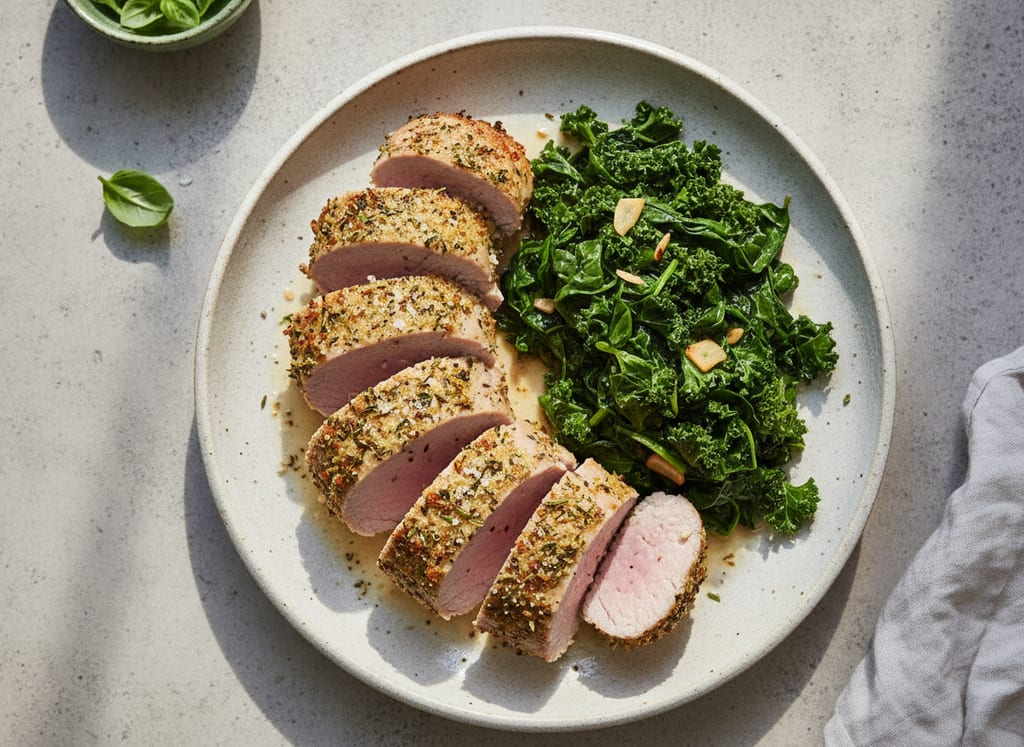 Italian Herb-Crusted Pork Tenderloin with Wilted Greens