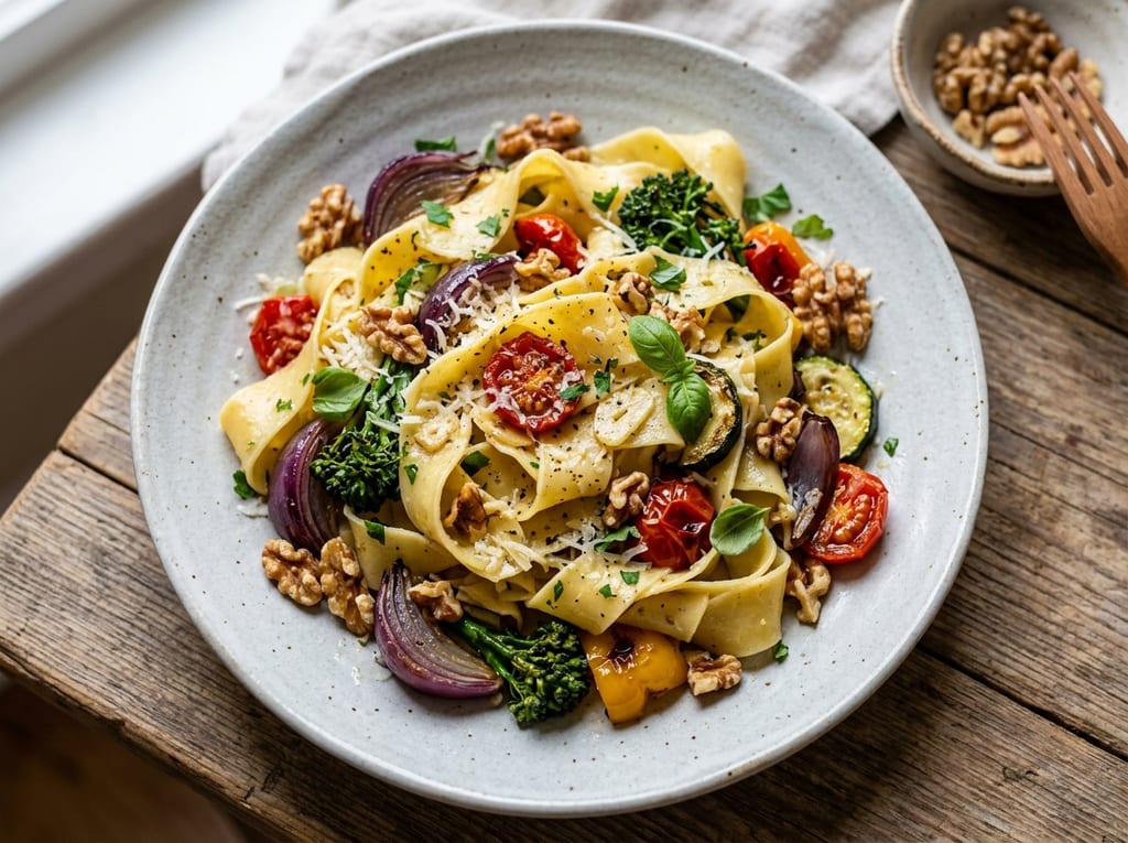 Pappardelle with Roasted Vegetables and Walnuts