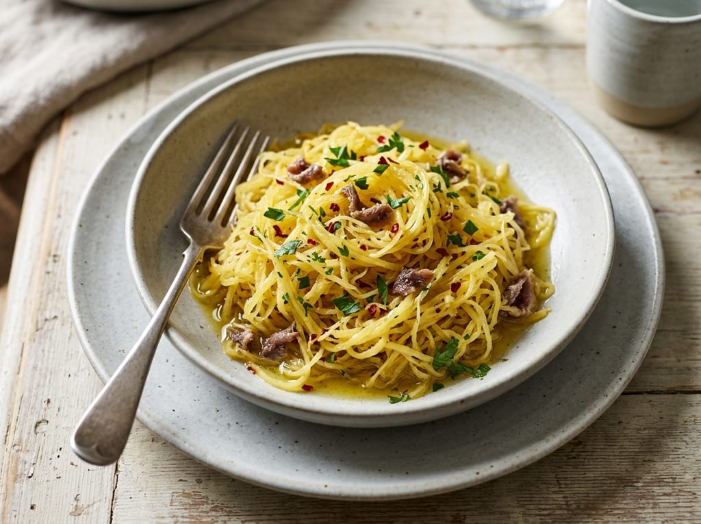 Spaghetti Squash Aglio e Olio with Anchovies
