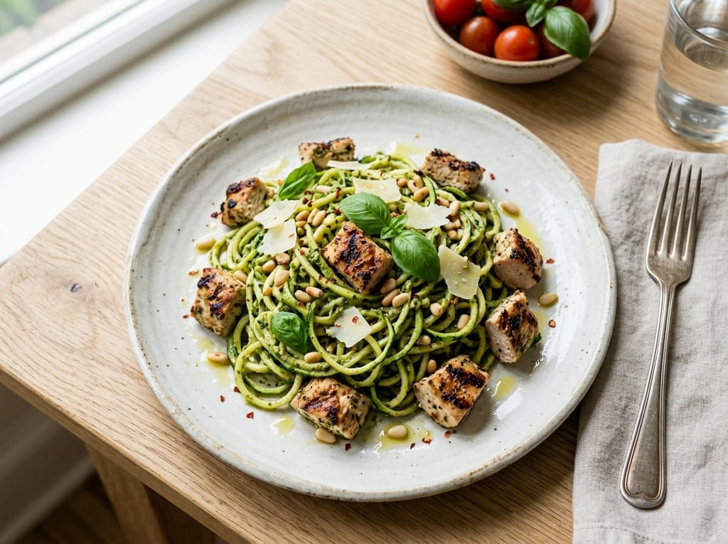 Zucchini Noodles with Pesto and Grilled Chicken