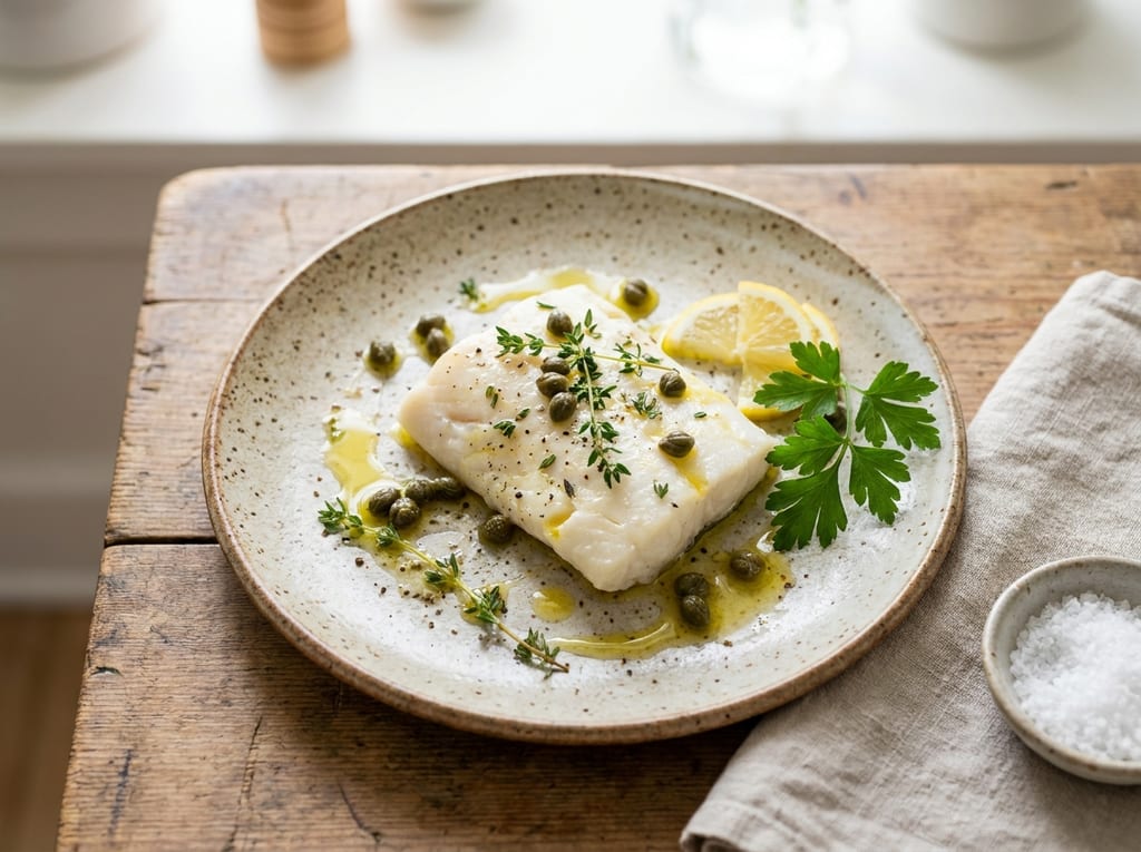 Olive Oil Poached Halibut with Capers and Thyme