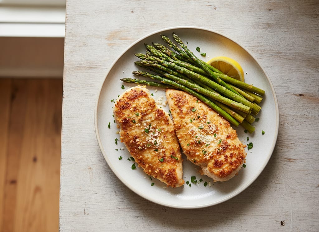 Crispy Garlic Parmesan Chicken with Roasted Asparagus