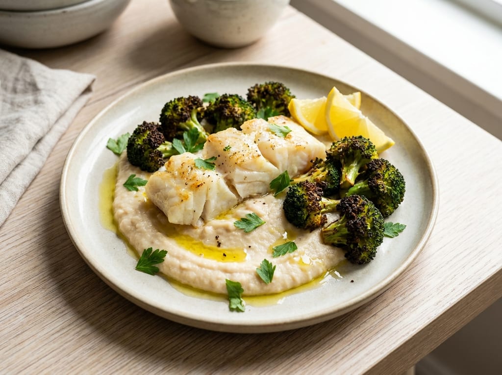 Baked Cod with White Bean Purée and Charred Broccoli